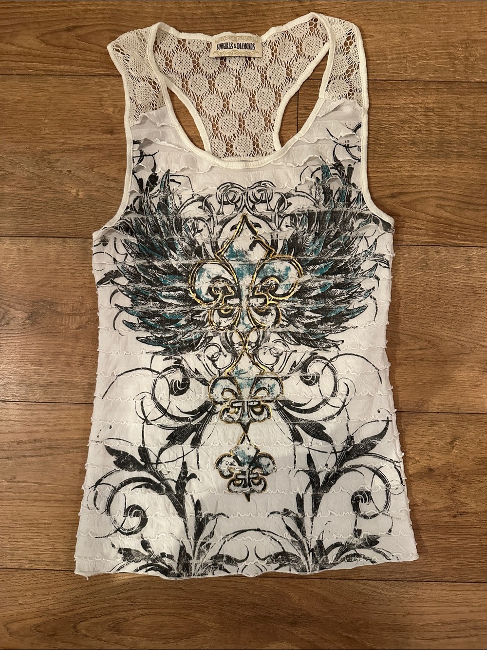 Cowgirls & Diamonds White Lace-Back Tank with Winged Fleur-de-Lis Graphic